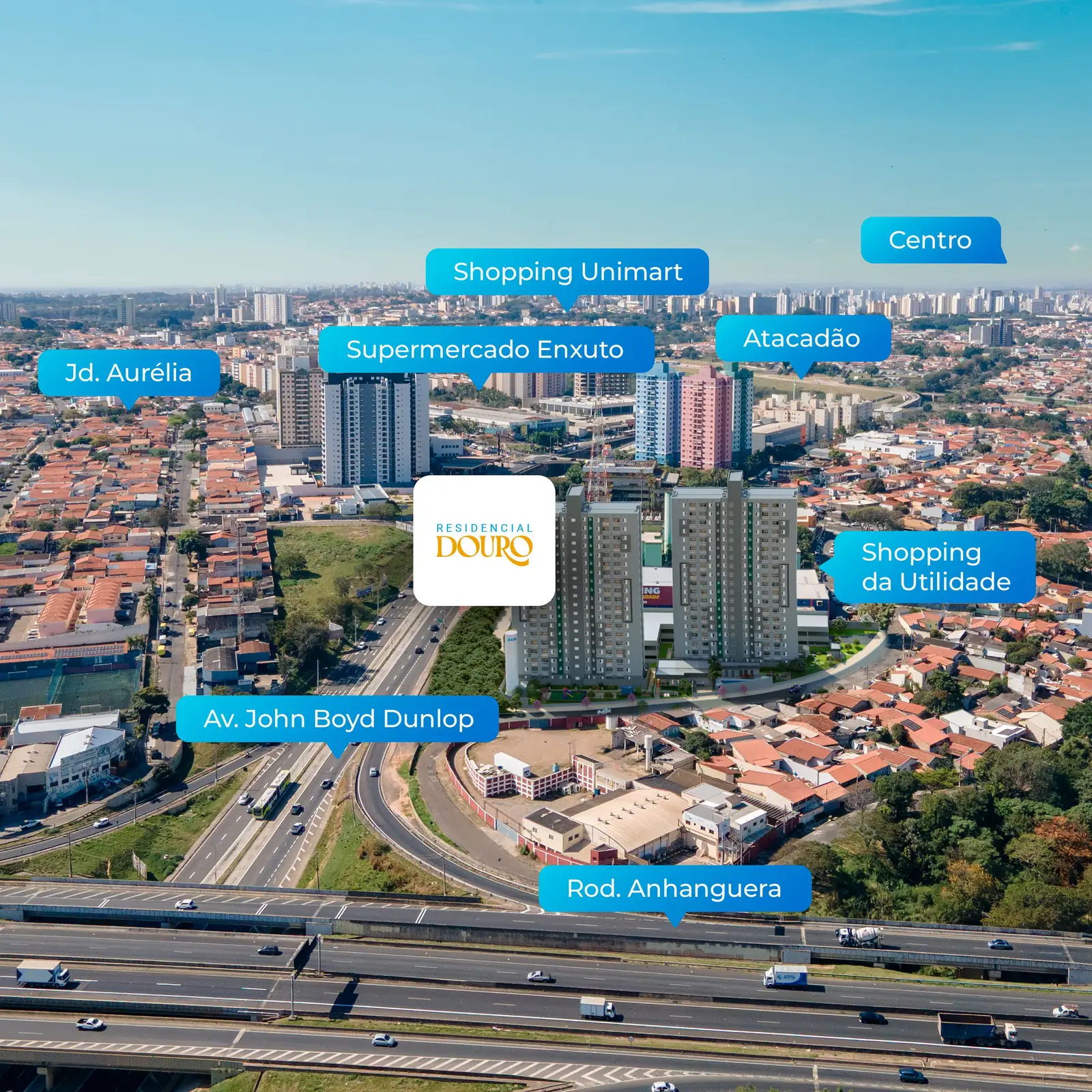 Foto aérea da região com Shopping Unimart, Supermercado Enxuto, Atacadão, Av. John Boyd Dunlop e Rod. Anhanguera