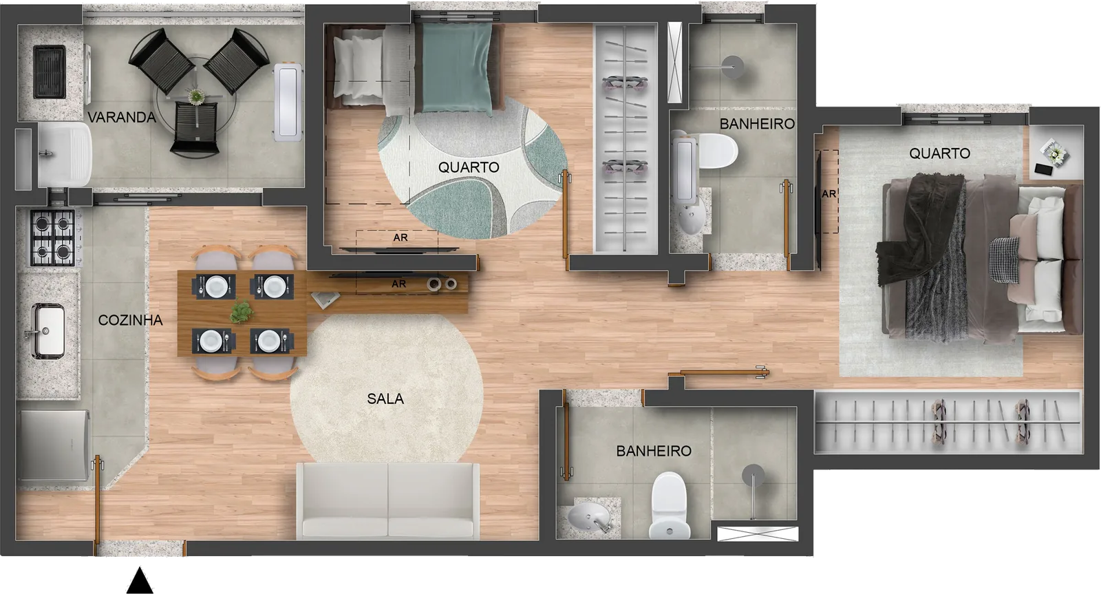 Planta tipo centro de 47,16 m² com 2 dormitórios, sendo 1 suíte