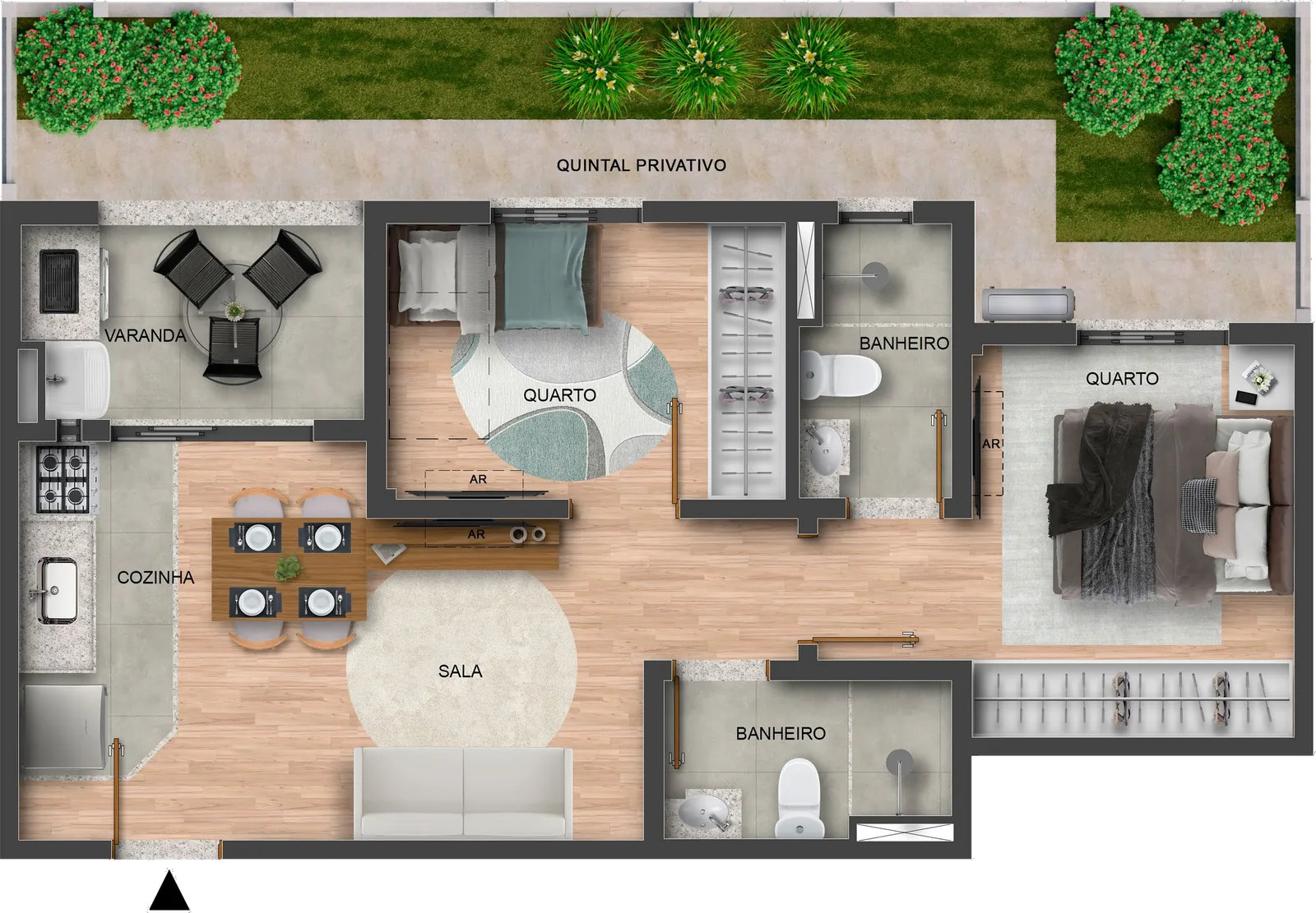 Planta garden centro de 47,16 m² com 17,44 m² de quintal privativo