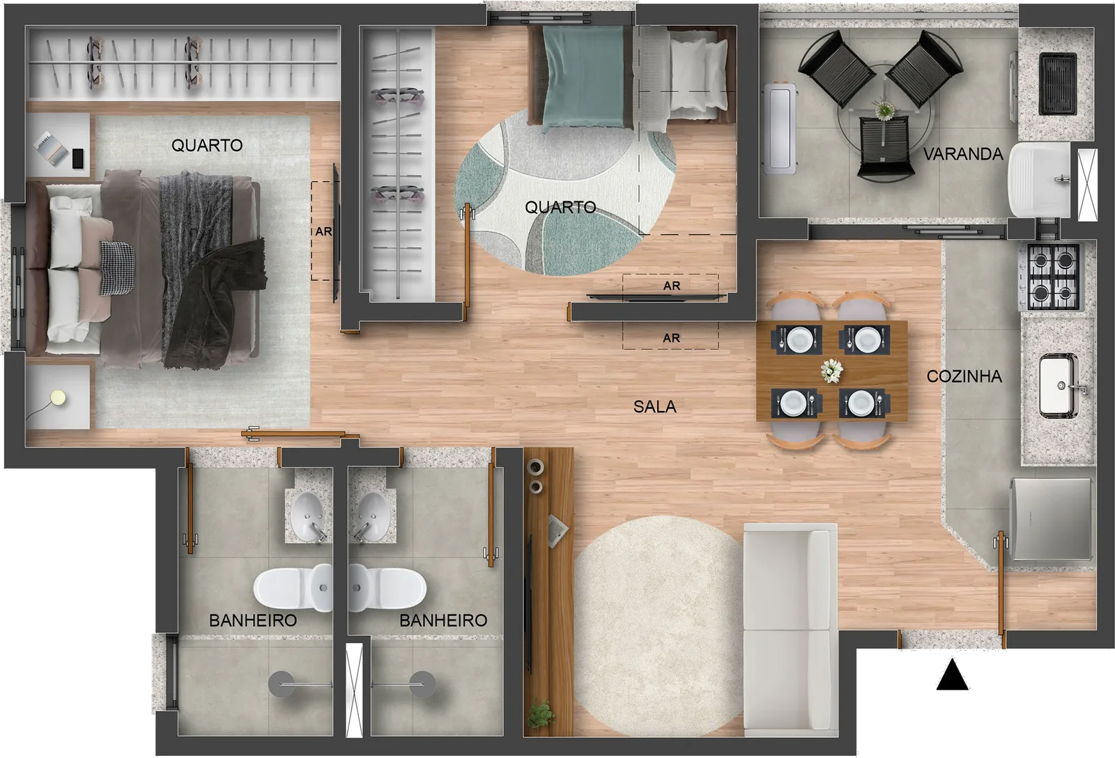 Planta tipo canto de 47,44 m² com 2 dormitórios, sendo 1 suíte