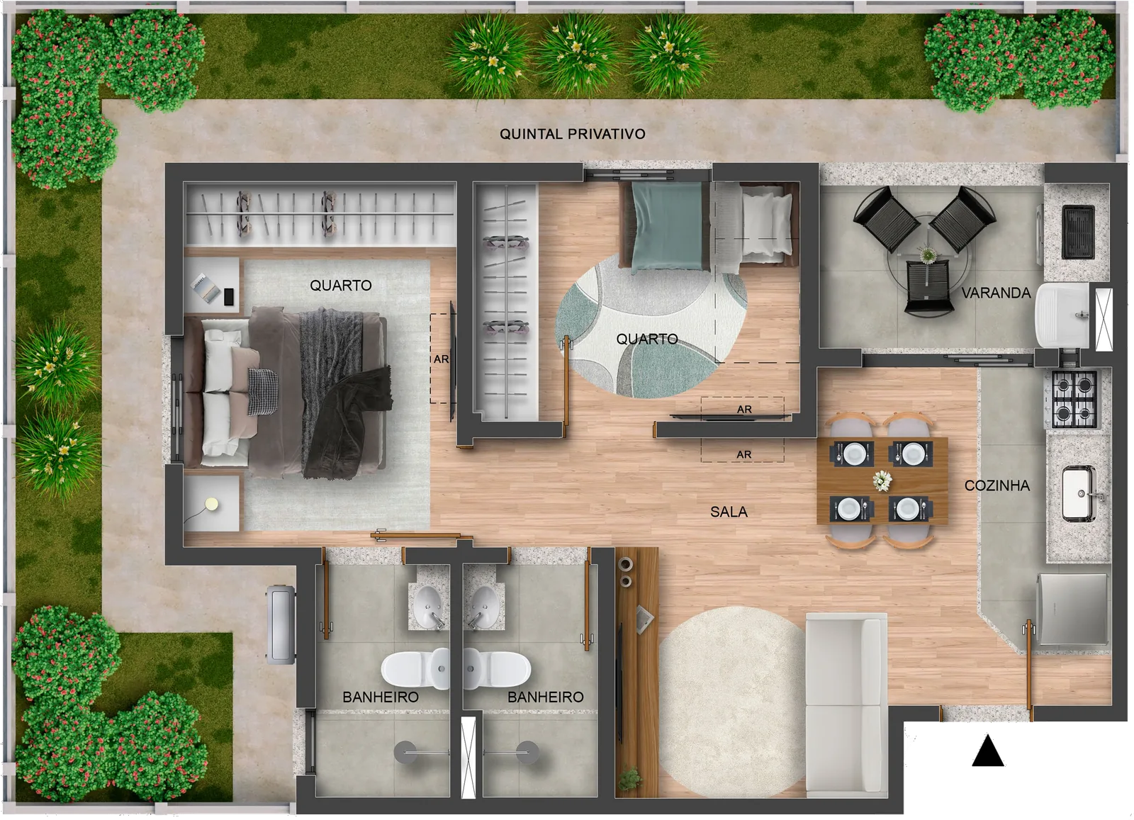 Planta garden canto de 47,44 m² com 26,86 m² de quintal privativo
